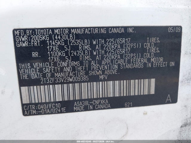 2009 Toyota Rav4 მანქანა იყიდება აუქციონზე, vin: 2T3ZF33V29W009385, აუქციონის ნომერი: 45215245
