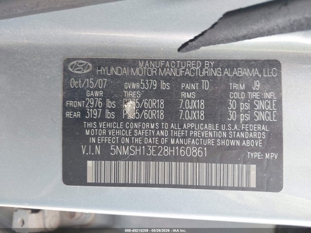 Продажа на аукционе авто 2008 Hyundai Santa Fe Limited/se, vin: 5NMSH13E28H160861, номер лота: 45215259