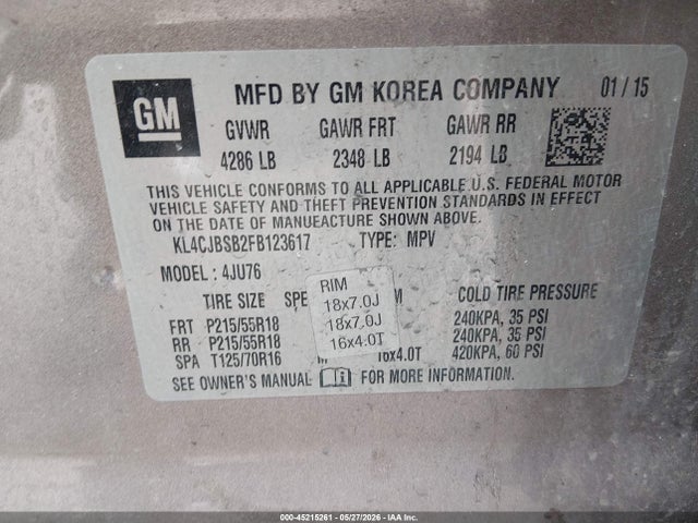45215261 :رقم المزاد ، KL4CJBSB2FB123617 vin ، 2015 Buick Encore Convenience مزاد بيع