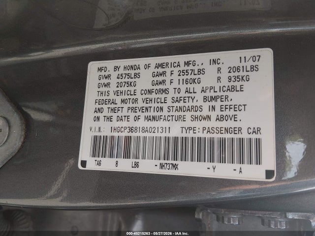 Продажа на аукционе авто 2008 Honda Accord 3.5 Ex-l, vin: 1HGCP36818A021311, номер лота: 45215263