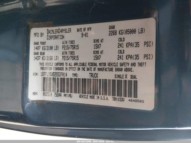 45215266 :رقم المزاد ، 1B7FL16X52S537014 vin ، 2002 Dodge Dakota مزاد بيع