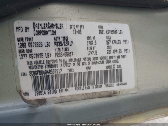 Aukcja sprzedaży 2004 Chrysler Pacifica, vin: 2C8GF68464R597317, numer aukcji: 45215278
