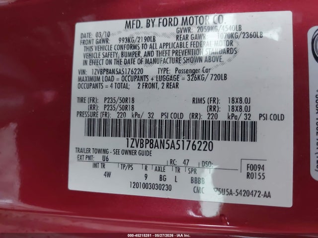Продажа на аукционе авто 2010 Ford Mustang V6/v6 Premium, vin: 1ZVBP8AN5A5176220, номер лота: 45215281