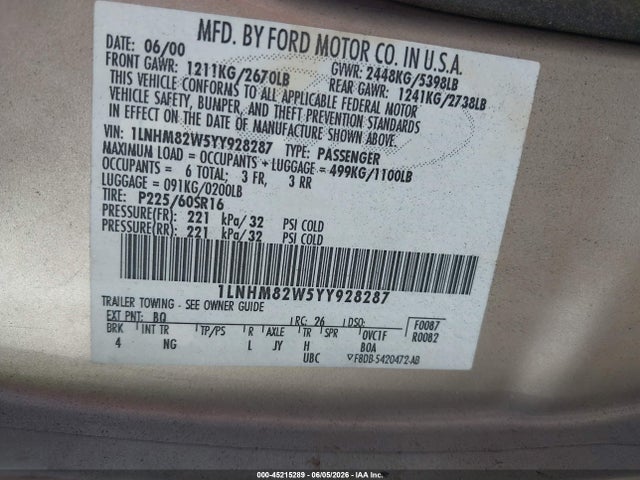 Продаж на аукціоні авто 2000 Lincoln Town Car Signature, vin: 1LNHM82W5YY928287, номер лоту: 45215289