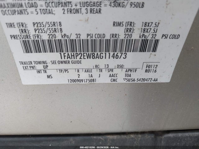 Продаж на аукціоні авто 2010 Ford Taurus Sel, vin: 1FAHP2EW8AG114673, номер лоту: 45215298