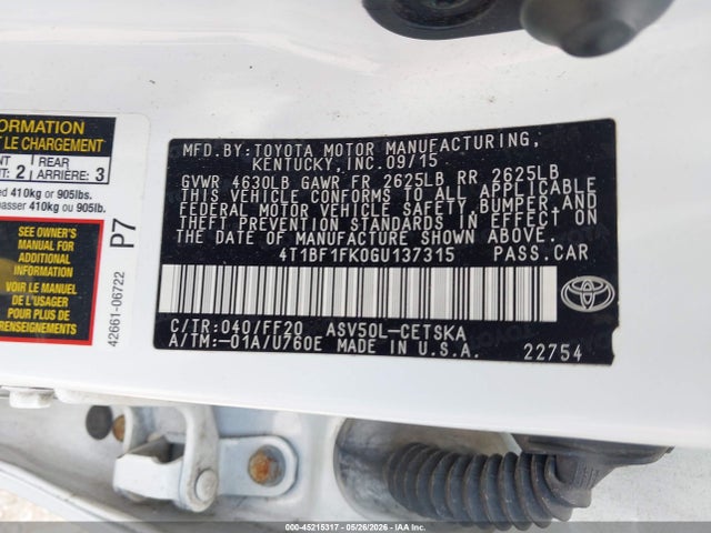 Aukcja sprzedaży 2016 Toyota Camry Se, vin: 4T1BF1FK0GU137315, numer aukcji: 45215317