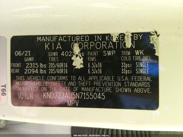 Продаж на аукціоні авто 2022 Kia Soul Lx, vin: KNDJ23AU5N7155045, номер лоту: 45215320
