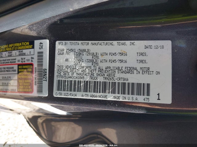 Aukcja sprzedaży 2019 Toyota Tacoma Sr, vin: 5TFRX5GN4KX141049, numer aukcji: 45215325