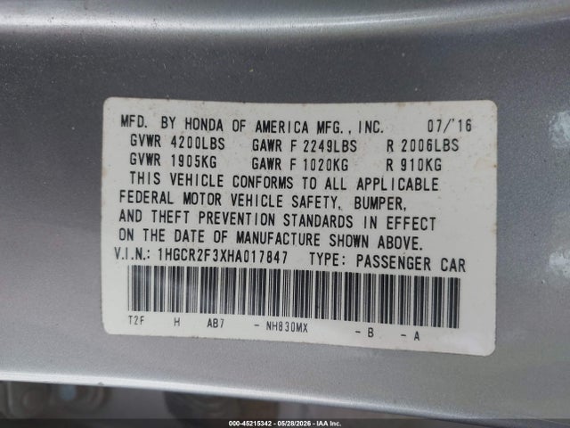 Продаж на аукціоні авто 2017 Honda Accord Lx, vin: 1HGCR2F3XHA017847, номер лоту: 45215342