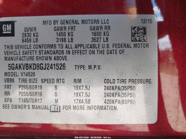 2016 Buick Enclave Leather მანქანა იყიდება აუქციონზე, vin: 5GAKVBKD8GJ241526, აუქციონის ნომერი: 45215349