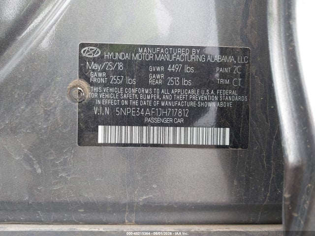 45215364 :رقم المزاد ، 5NPE34AF1JH717812 vin ، 2018 Hyundai Sonata Limited مزاد بيع