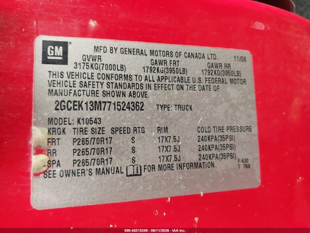 Aukcja sprzedaży 2007 Chevrolet Silverado 1500 Ltz, vin: 2GCEK13M771524362, numer aukcji: 45215389