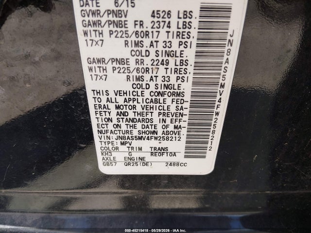 Продажа на аукционе авто 2015 Nissan Rogue Select S, vin: JN8AS5MV4FW258212, номер лота: 45215418