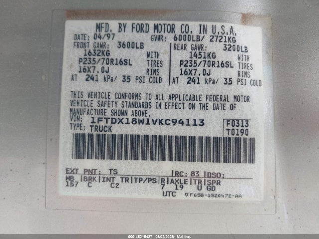 Продаж на аукціоні авто 1997 Ford F-150 Lariat/xl/xlt, vin: 1FTDX18W1VKC94113, номер лоту: 45215427