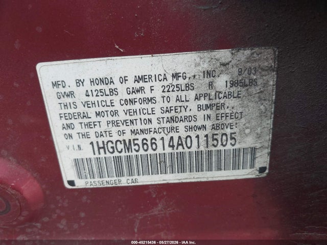 Aukcja sprzedaży 2004 Honda Accord 2.4 Ex, vin: 1HGCM56614A011505, numer aukcji: 45215436
