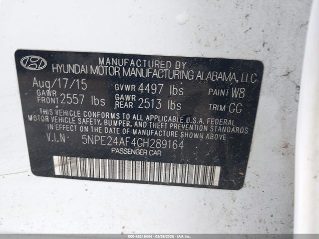 2016 Hyundai Sonata Se მანქანა იყიდება აუქციონზე, vin: 5NPE24AF4GH289164, აუქციონის ნომერი: 45215444