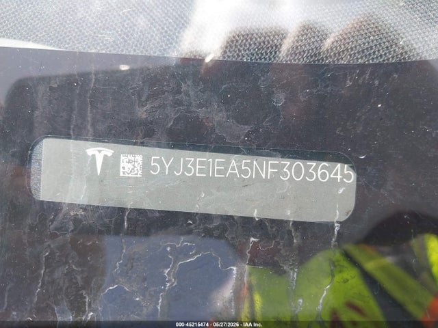 45215474 :رقم المزاد ، 5YJ3E1EA5NF303645 vin ، 2022 Tesla Model 3 Rear-wheel Drive مزاد بيع