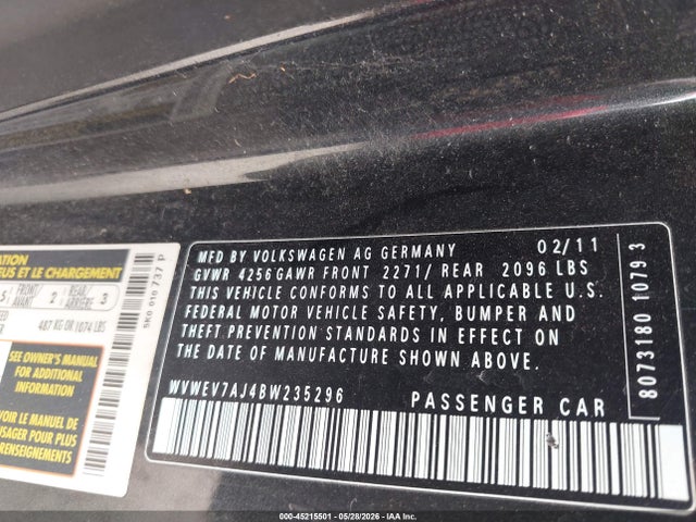 45215501 :رقم المزاد ، WVWEV7AJ4BW235296 vin ، 2011 Volkswagen Gti 2-door مزاد بيع