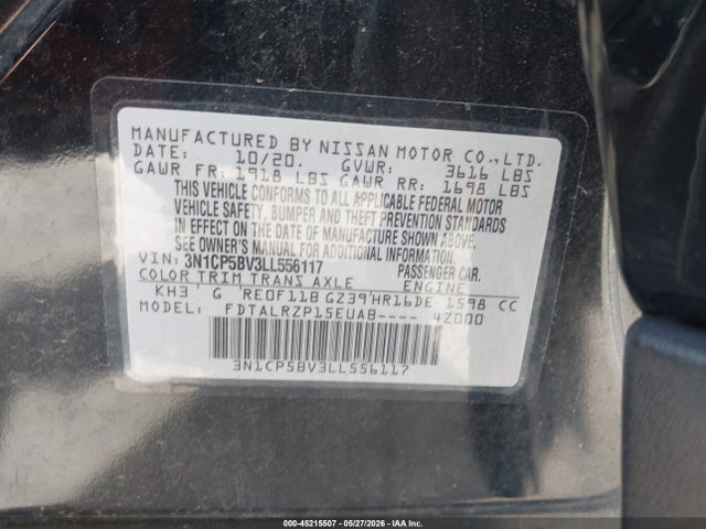 Aukcja sprzedaży 2020 Nissan Kicks S Xtronic Cvt, vin: 3N1CP5BV3LL556117, numer aukcji: 45215507
