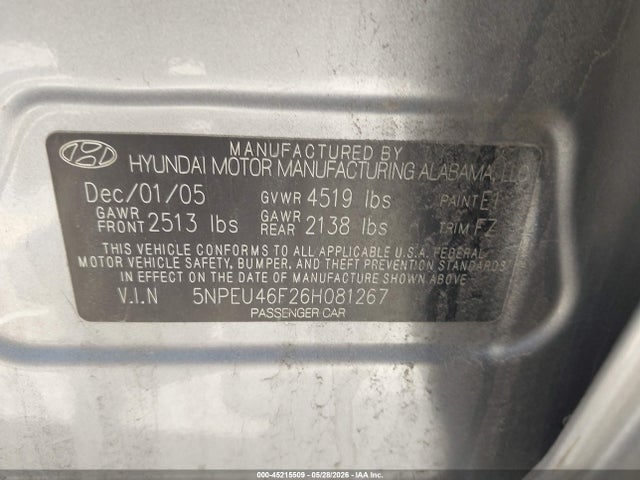 45215509 :رقم المزاد ، 5NPEU46F26H081267 vin ، 2006 Hyundai Sonata Gls V6/lx V6 مزاد بيع
