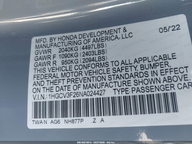 1HGCV3F26NA024427 Honda Accord Hybrid Sport