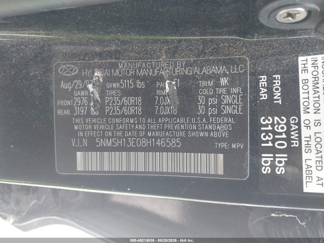 Продаж на аукціоні авто 2008 Hyundai Santa Fe Limited/se, vin: 5NMSH13E08H146585, номер лоту: 45215538