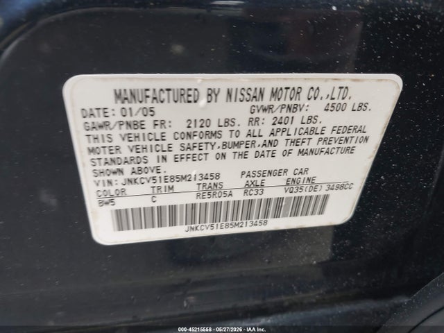 Aukcja sprzedaży 2005 Infiniti G35, vin: JNKCV51E85M213458, numer aukcji: 45215558