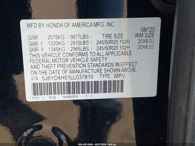 Продаж на аукціоні авто 2020 Acura Mdx Technology Package, vin: 5J8YD4H51LL037819, номер лоту: 45215565