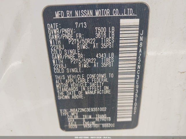 2014 Infiniti Qx80 მანქანა იყიდება აუქციონზე, vin: JN8AZ2NC3E9351002, აუქციონის ნომერი: 45215566