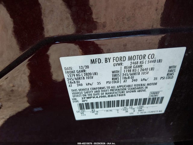 2020 Ford Edge Sel მანქანა იყიდება აუქციონზე, vin: 2FMPK4J98LBB57805, აუქციონის ნომერი: 45215576