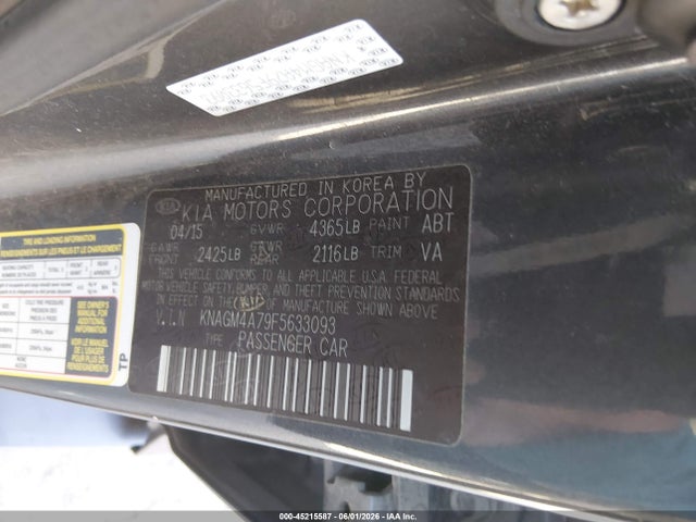 45215587 :رقم المزاد ، KNAGM4A79F5633093 vin ، 2015 Kia Optima Lx مزاد بيع