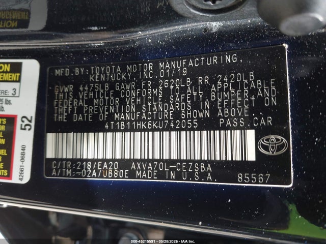 Продаж на аукціоні авто 2019 Toyota Camry Se, vin: 4T1B11HK6KU742055, номер лоту: 45215591
