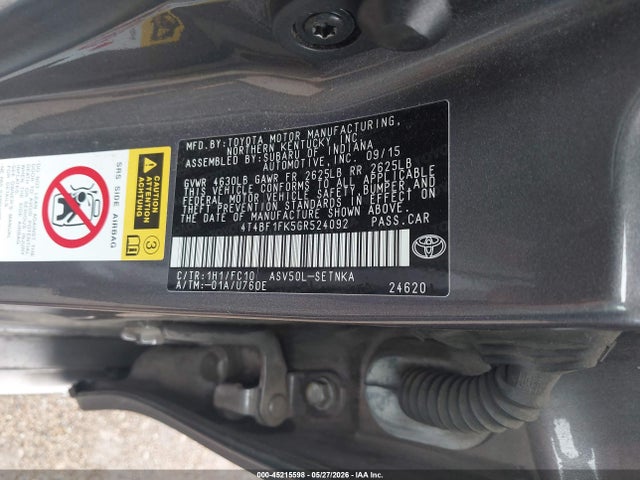 2016 Toyota Camry Le მანქანა იყიდება აუქციონზე, vin: 4T4BF1FK5GR524092, აუქციონის ნომერი: 45215598