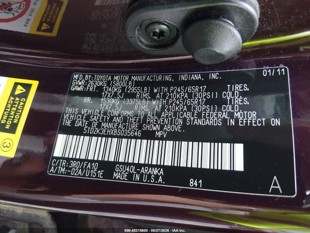 Aukcja sprzedaży 2011 Toyota Highlander Base V6, vin: 5TDZK3EHXBS035646, numer aukcji: 45215600