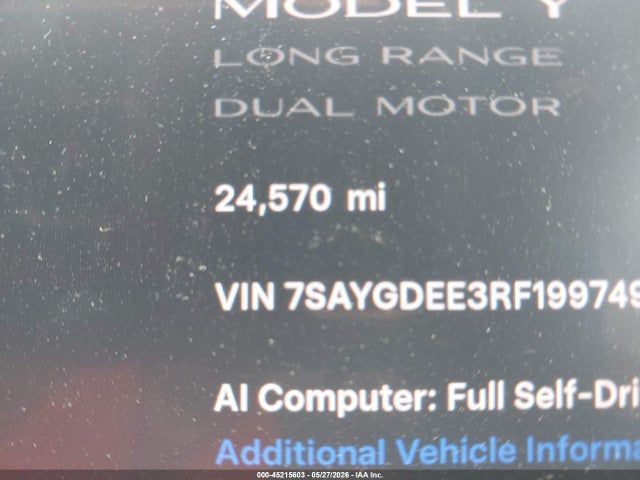 Продаж на аукціоні авто 2024 Tesla Model Y Long Range Dual Motor All-wheel Drive, vin: 7SAYGDEE3RF199749, номер лоту: 45215603