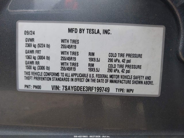 Продаж на аукціоні авто 2024 Tesla Model Y Long Range Dual Motor All-wheel Drive, vin: 7SAYGDEE3RF199749, номер лоту: 45215603