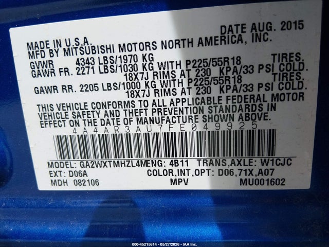 2015 Mitsubishi Outlander Sport Es მანქანა იყიდება აუქციონზე, vin: 4A4AR3AU7FE049925, აუქციონის ნომერი: 45215614