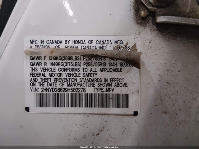 45215622 :رقم المزاد ، 2HNYD28629H502278 vin ، 2009 Acura Mdx Technology Package مزاد بيع
