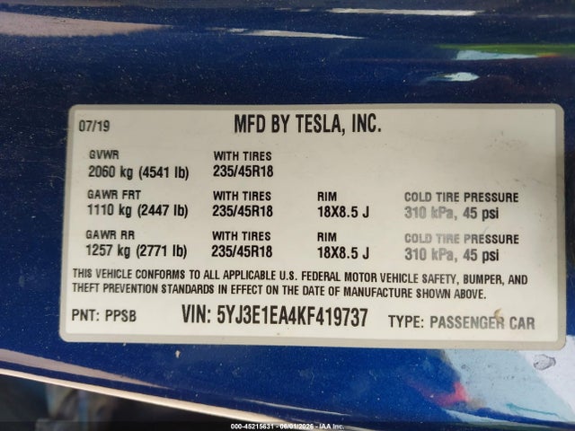 Продажа на аукционе авто 2019 Tesla Model 3 Long Range/mid Range/standard Range/standard Range Plus, vin: 5YJ3E1EA4KF419737, номер лота: 45215631