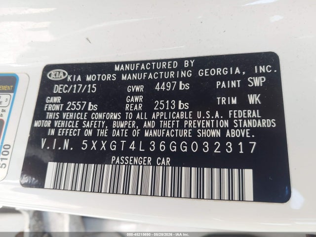 Aukcja sprzedaży 2016 Kia Optima Lx, vin: 5XXGT4L36GG032317, numer aukcji: 45215690