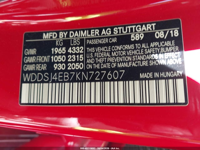 Auction sale of the 2019 Mercedes-benz Cla 250, vin: WDDSJ4EB7KN727607, lot number: 45215693