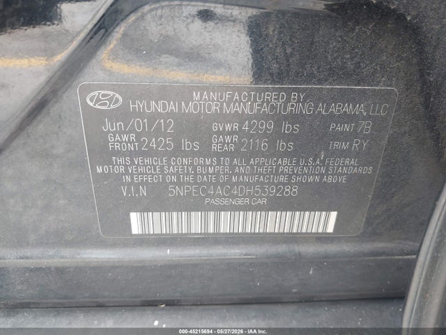 Продажа на аукционе авто 2013 Hyundai Sonata Se, vin: 5NPEC4AC4DH539288, номер лота: 45215694