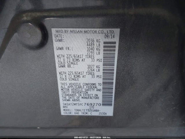 Aukcja sprzedaży 2015 Nissan Rogue Sv, vin: 5N1AT2MT5FC769270, numer aukcji: 45215721
