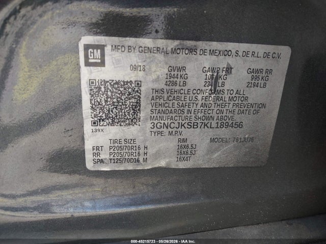 Aukcja sprzedaży 2019 Chevrolet Trax Ls, vin: 3GNCJKSB7KL189456, numer aukcji: 45215723