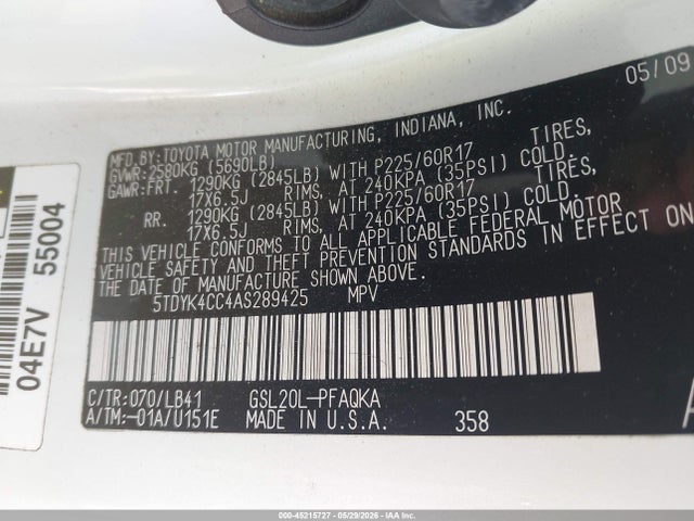 Продаж на аукціоні авто 2010 Toyota Sienna Xle, vin: 5TDYK4CC4AS289425, номер лоту: 45215727