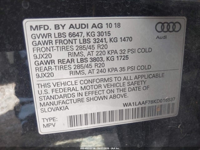 Продажа на аукционе авто 2019 Audi Q7 55 Premium/55 Se Premium, vin: WA1LAAF78KD016537, номер лота: 45215736