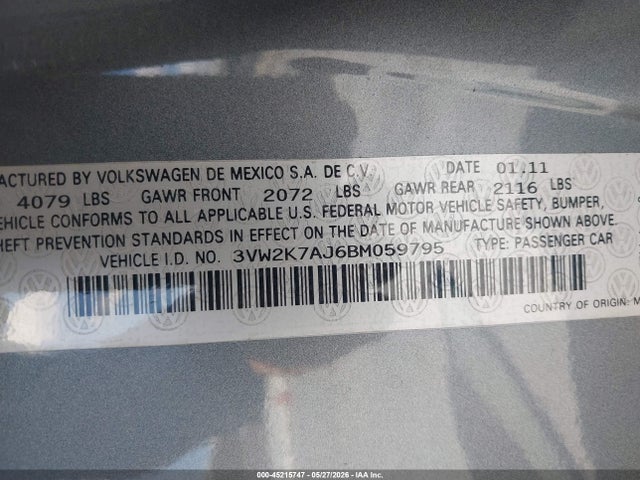 Aukcja sprzedaży 2011 Volkswagen Jetta 2.0l S, vin: 3VW2K7AJ6BM059795, numer aukcji: 45215747