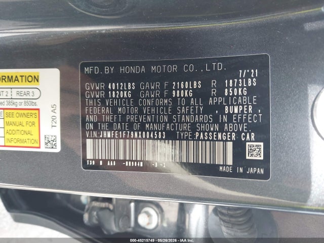 Aukcja sprzedaży 2022 Honda Civic Ex, vin: JHMFE1F79NX004583, numer aukcji: 45215749