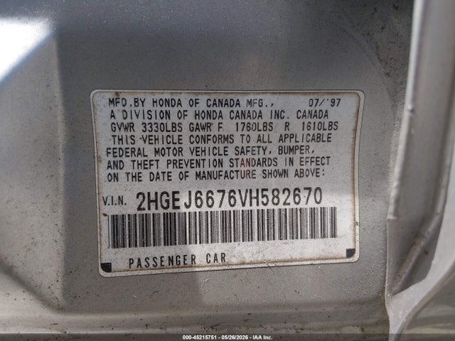 1997 Honda Civic Lx მანქანა იყიდება აუქციონზე, vin: 2HGEJ6676VH582670, აუქციონის ნომერი: 45215751