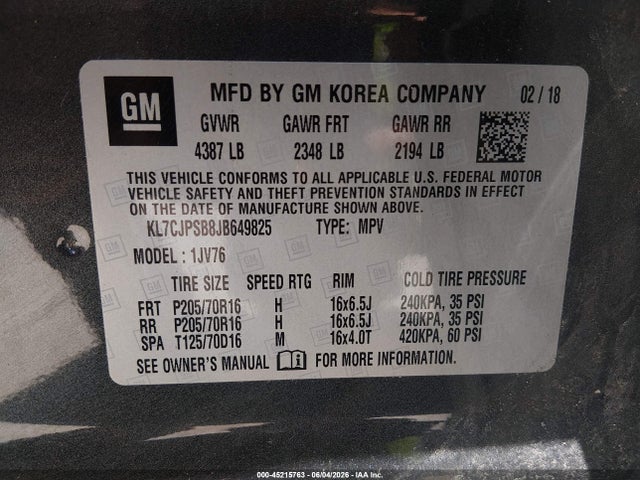 45215763 :رقم المزاد ، KL7CJPSB8JB649825 vin ، 2018 Chevrolet Trax Lt مزاد بيع